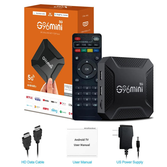 Black G96mini 8K Android TV Box 8G+128G — 5G Dual WiFi Smart Media Player with Voice Remote and HDMI Cable, Australian Plug - Mekamart Australia