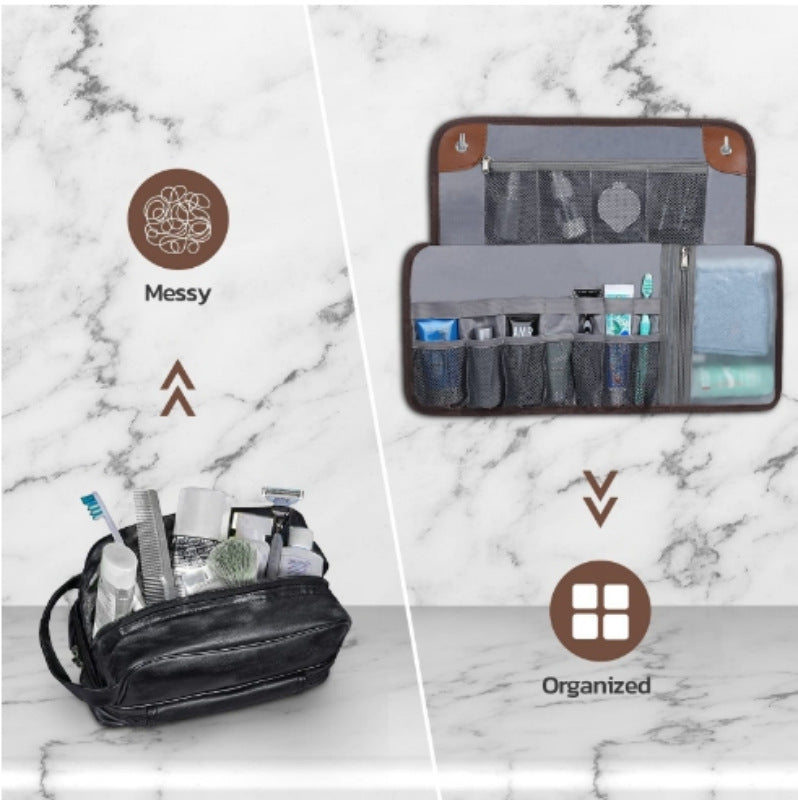 Black Men's PU Leather Toiletry Bag - Waterproof Travel Organizer for Shaving Kits & Bathroom Accessories (50.8x25.4 cm unfolded, 25.4 cm rolled)