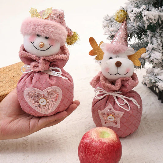 3 Pack Pink Christmas Drawstring Gift Bags Plush 3D Santa Snowman Reindeer Candy Pouches for Holiday Favours - Mekamart Australia