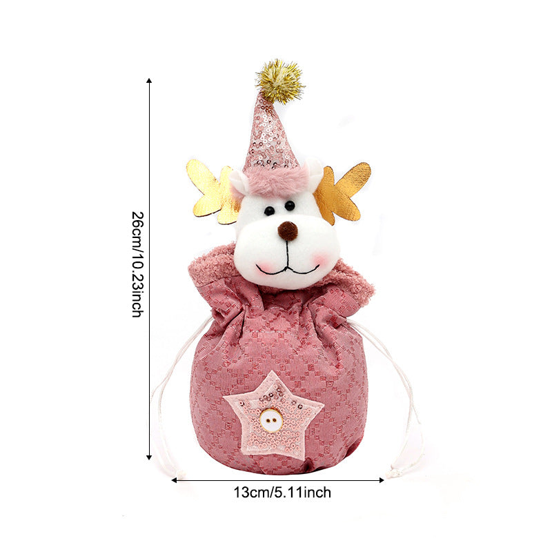3 Pack Pink Christmas Drawstring Gift Bags Plush 3D Santa Snowman Reindeer Candy Pouches for Holiday Favours