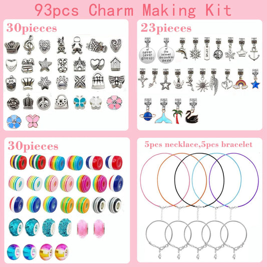 93 Piece DIY Charm Bracelet and Necklace Making Kit for Girls Creative Jewelry Craft Set with Rainbow Beads and Silver Pendants Ideal Kids Gift - Mekamart Australia