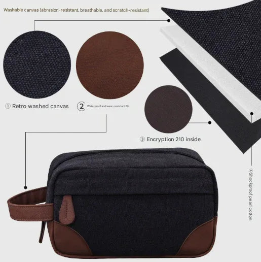 Navy Blue Men's Vintage Canvas Toiletry Bag PU Leather Accent Travel Wash Pouch Large Capacity Shaving Kit Organiser - Mekamart Australia