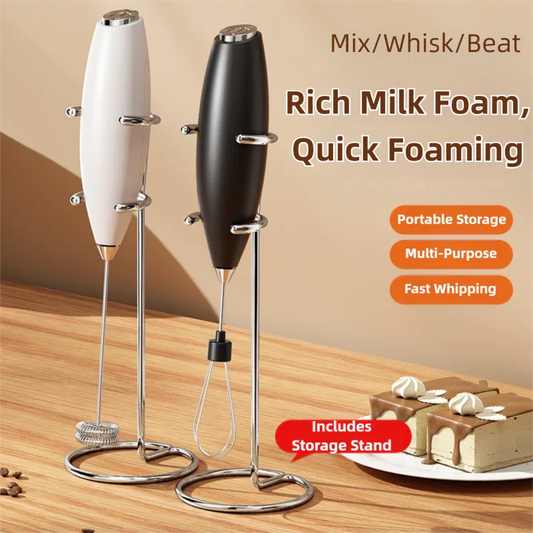 White Battery-Powered Frother and Whisk with Stand - Mekamart Australia