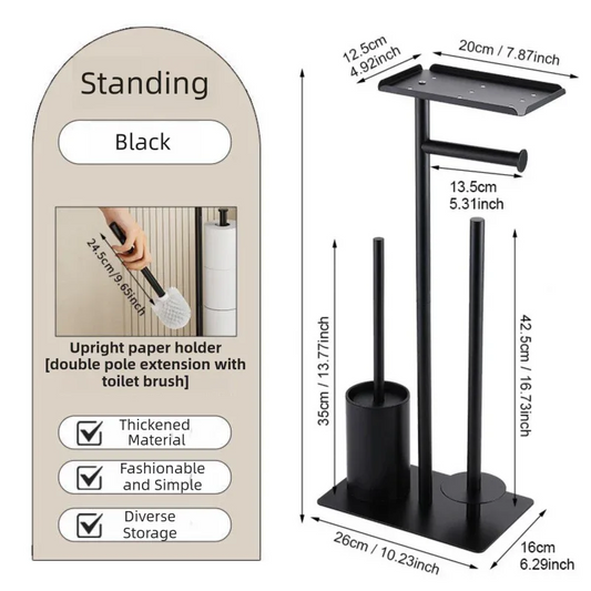 3-in-1 Freestanding Toilet Paper Holder - Thick Carbon Steel with Matte Black Finish, Storage Top, Paper Roll Holder, and Integrated Brush Holder - Mekamart Australia