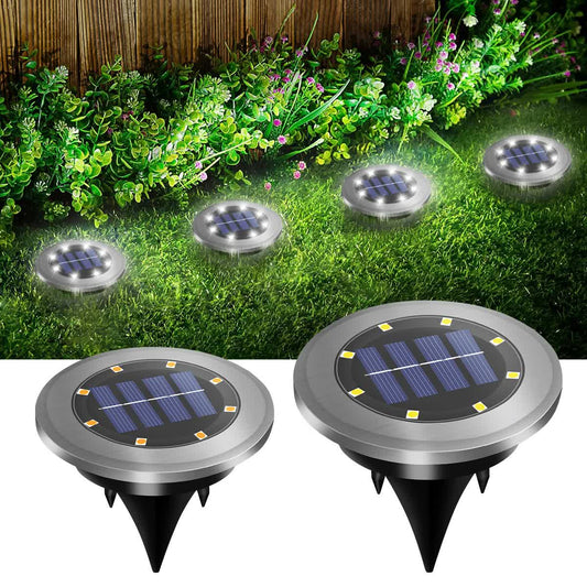 4-Pack Classic Large 8 LED Solar In-Ground Yellow Light Set (12 x 12 x 13 cm) - Stainless Steel Waterproof Garden Spike Lamps for Lawn & Pathway