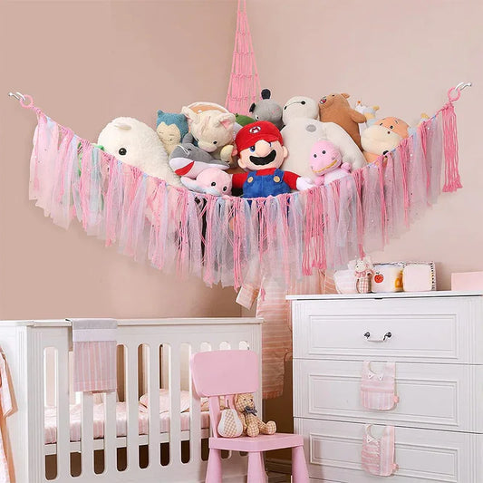 Pink Corner Plush Toy Organizer (100x100x150cm) with Ribbon Accent & Installation Kit - Handwoven Cotton Mesh Toy Storage Hammock - Mekamart Australia