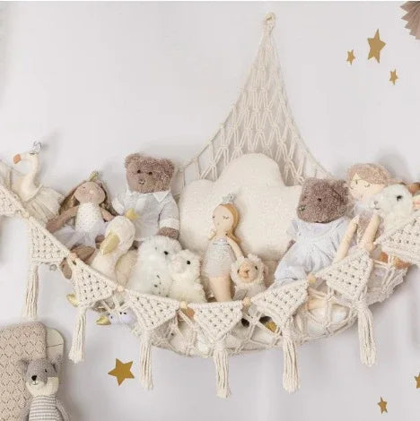 White Triangle Woven Plush Toy Corner Organizer (105x105x145cm) with octagonal beads and installation kit - Hand-woven cotton mesh toy storage hammock - Mekamart Australia