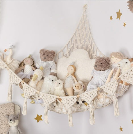 White Triangle Woven Plush Toy Corner Organizer (105x105x145cm) with octagonal beads and installation kit - Hand-woven cotton mesh toy storage hammock