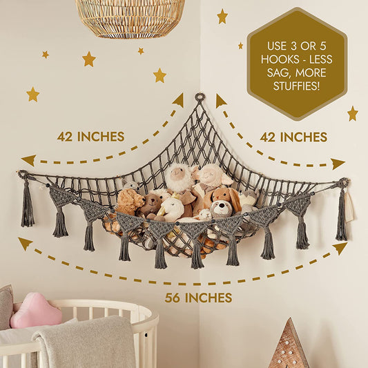 Grey Triangle Woven Plush Toy Corner Organizer (105x105x145cm) with octagonal beads and installation kit - Hand-woven cotton mesh toy storage hammock