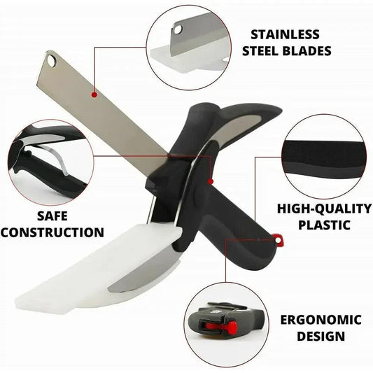 2-in-1 Ingenious Cutter Food Chopper & Scissor for Kitchen Versatile Use - 420 Stainless Steel Blade & Cutting Board Base, with Safety Lock - Mekamart Australia