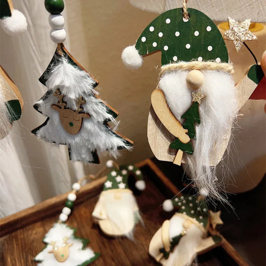 3-PCS The old man with green dots Christmas Ornaments Hanging Pendants Nordic Style Gnomes and Reindeer with Faux Fur and Beads for Xmas Tree Home Party Decoration - Mekamart Australia