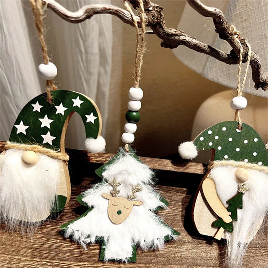 3-PCS Old Man with Green Stars Christmas Ornaments Hanging Pendants Nordic Style Gnomes and Reindeer with Faux Fur and Beads for Xmas Tree Home Party Decoration - Mekamart Australia