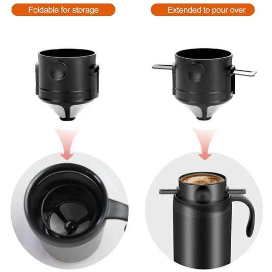 White Portable Pour Over Coffee Maker Set Insulated Stainless Steel Travel Mug with Reusable Drip Filter and Spoon 3 Piece Kit - Mekamart Australia