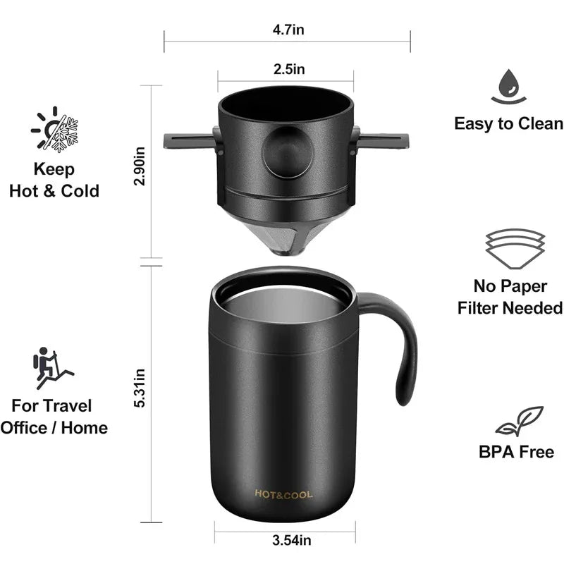 White Portable Pour Over Coffee Maker Set Insulated Stainless Steel Travel Mug with Reusable Drip Filter and Spoon 3 Piece Kit