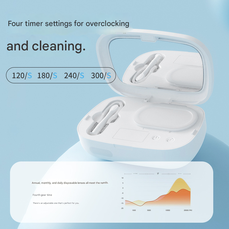 White Ultrasonic Contact Lens Cleaner Machine Automatic Washer Case with UV Light LED Display 4 Timer Modes Type-C Rechargeable Portable for Travel