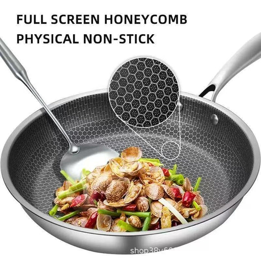 Stainless Steel Non-Stick Frying Pan 28CM Honeycomb Wok Skillet with Lid Induction Compatible Cookware Silver - Mekamart Australia