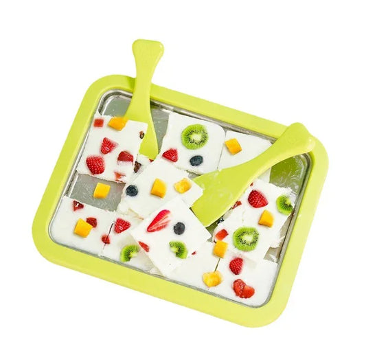 Green DIY Rolled Ice Cream Maker Pan Instant Frozen Yoghurt & Sorbet Tray 304 Stainless Steel No Electricity Required with Spatulas - Mekamart Australia