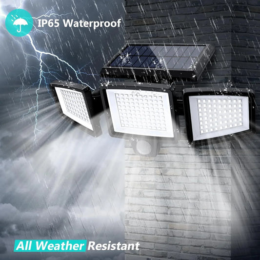 Solar Outdoor Security Lights Motion Sensor 210 LED - 3 Adjustable Heads Flood Light with Remote Control IP65 Waterproof for Garden Garage & Yard - Mekamart Australia
