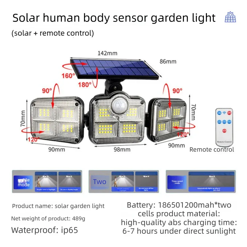 Solar Security Lights Outdoor Motion Sensor 122 LED - 3 Adjustable Heads Flood Light with Remote IP65 Waterproof for Garden & Garage - Mekamart Australia