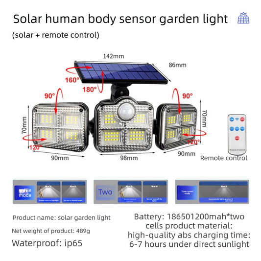 Solar Security Lights Outdoor Motion Sensor 122 LED - 3 Adjustable Heads Flood Light with Remote IP65 Waterproof for Garden & Garage
