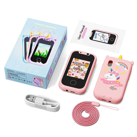 Kids Unicorn Smart Phone Toy with Dual Camera and IPS Touch Screen Educational Games MP3 Music Player 512MB Card Included Blue Silicone Case Ideal for Girls Gift - Mekamart Australia