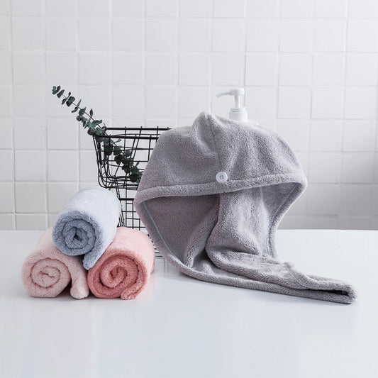 Soft Microfibre Hair Drying Towel Wrap - Super Absorbent Coral Fleece Turban with Secure Button - Quick Dry Bath Head Cap for Wet Hair & Spa - Pale Pink