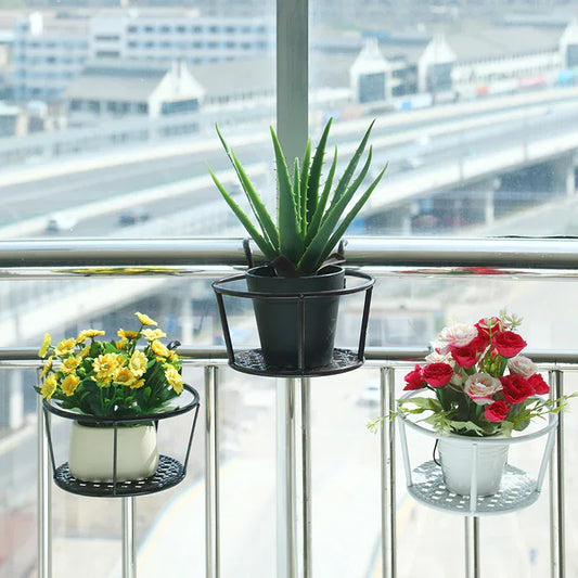 Hanging Flower Pot Holder Metal Balcony Railing Planter Basket Round Iron Rack with Mesh Bottom Fits up to 6cm Rail for Fence & Patio Black - Mekamart Australia