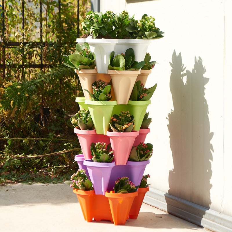 Beige 3-Tier Stackable Strawberry & Vegetable Planter with Mobile Wheel Tray - Space-Saving Vertical Gardening System