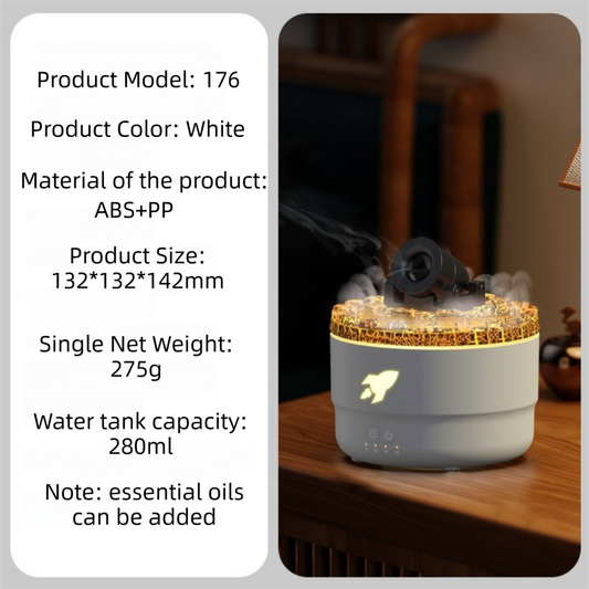 176 White Simulation Turret Diffuser & Humidifier - Smart Timer Ultrasonic Mister with Volcano Lava Crack Shell and Colorful Light