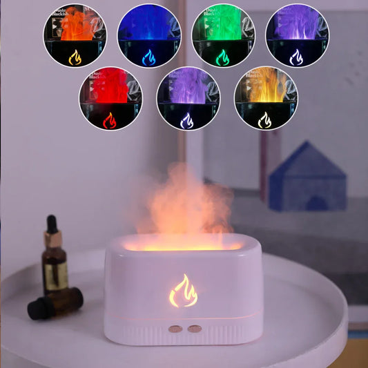 White 3D Simulation Flame Aroma Diffuser & Humidifier - Ultrasonic Desktop Mister with 7-Color LED Light and Automatic Scent Spray (200ML) - Mekamart Australia