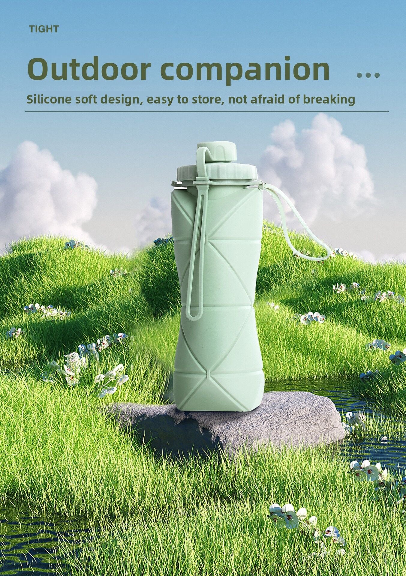 Green Portable Food Grade Silicone Collapsible Sports Water Bottle 600ML - Folding down 80% , Low High Temperature Resistant