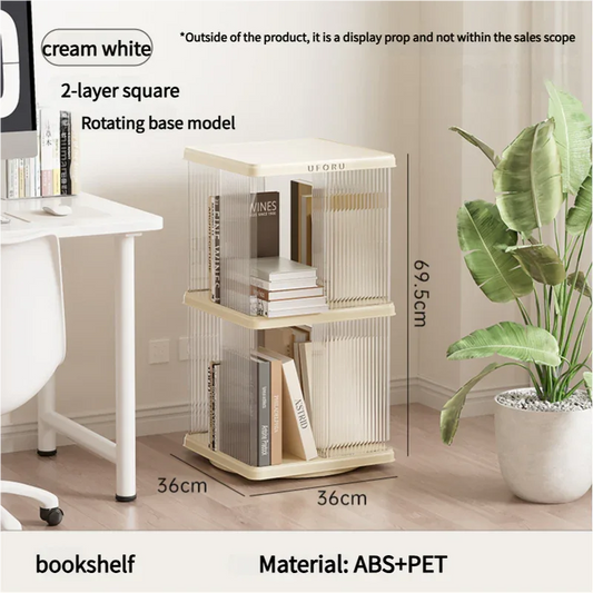 Rotating Storage Bookshelf Square 2 layers- Cream White Multi-Layer Storage Rack, 36x36x69.5cm (ABS+PET)