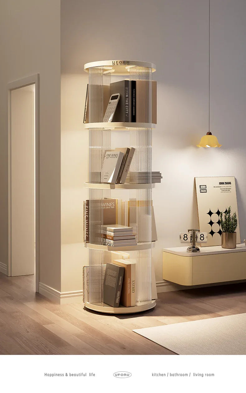 Rotating circular bookshelf with four layers- Cream White Multi-Layer Storage Rack, 40.5x40.5x135.5cm (ABS+PET) - Mekamart Australia