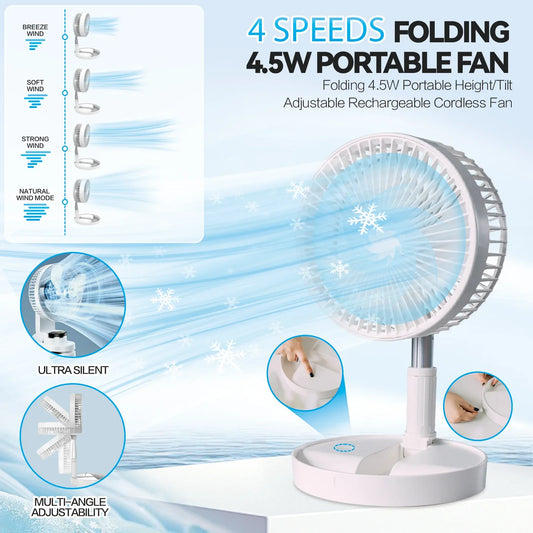Folding Telescopic 4.5W Portable Height/Tilt Adjustable Rechargeable Cordless Fan - Mekamart Australia