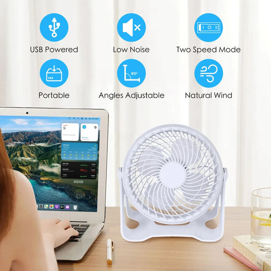 USB Powered Desk Fan – Portable 2-Speed Adjustable Angle Cooling Fan (White) - Mekamart Australia
