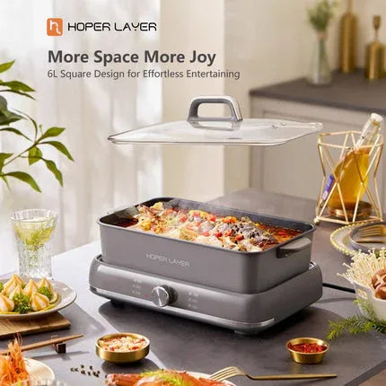 HOPER LAYER Electric Hot Pot 6L – Multifunctional Nonstick Cooker with Grill, Boil, Simmer & Fry Modes 2000W Power, Square Removable Pot