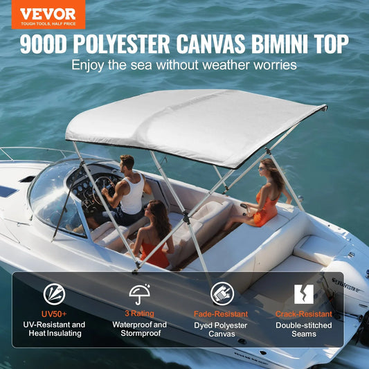 VEVOR 3 Bow Bimini Top Boat Cover, 900D Polyester Canopy with 1" Aluminum Alloy Frame, Waterproof and Sun Shade, Includes Storage Boot, 2 Support Poles, 4 Straps, 6'L x 46"H x 67"-72"W, Light Grey - Mekamart Australia