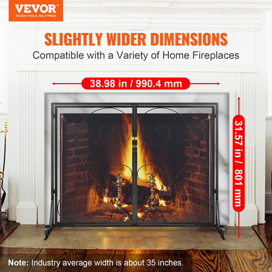 VEVOR 990x802MM Fireplace Screen 2-Panel Iron Mesh Spark Guard Vintage Black