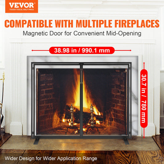VEVOR Fireplace Screen 1 Panel with Door, Sturdy Iron Mesh Fireplace Screen, 990(L) x780(H)MM Spark Guard Cover, Simple Installation, Free Standing Fire Fence Grate for Living Room Home Decor Modern