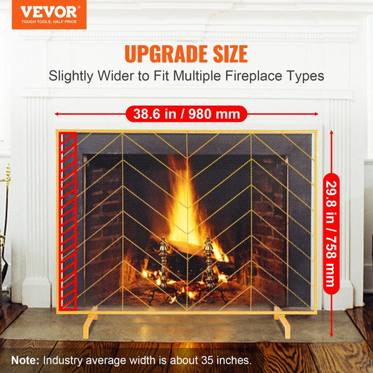 VEVOR 980x758MM Fireplace Screen 1-Panel Iron Mesh Spark Guard Modern Gold - Mekamart Australia