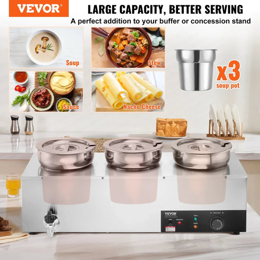 VEVOR Electric Soup Warmer, Three 7.4QT Stainless Steel Round Pot, 1200W Commercial Food Warmer, 30 - 85℃ Adjustable Temp, Bain Marie with Anti-Dry Burn and Reset Button, for Restaurant, Buffet - Mekamart Australia
