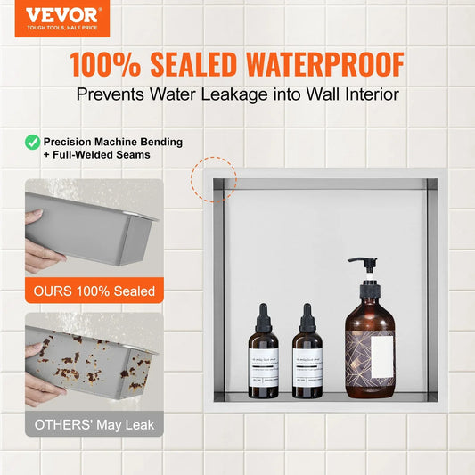 VEVOR 33.02 x 33.02 cm No Tile Shower Niche 304 Stainless Steel, Wall-Inserted Niche Recessed Double Shelves, Sealed Waterproof Rust-Resistant Modern Niche for Shower Bathroom Soap Storage, Silver - Mekamart Australia
