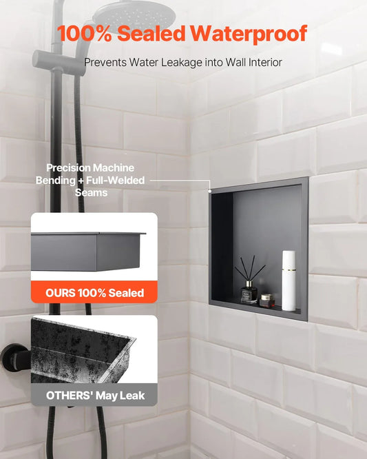 VEVOR Shower Niche, 33.0 x 33.0 x 10.2 cm Recessed Wall Niche, Heavy-duty Stainless Steel Modern Soap & Shampoo Storage Organizer, Sealed Waterproof, Durable & Easy to Install, Black for Bathroom - Mekamart Australia