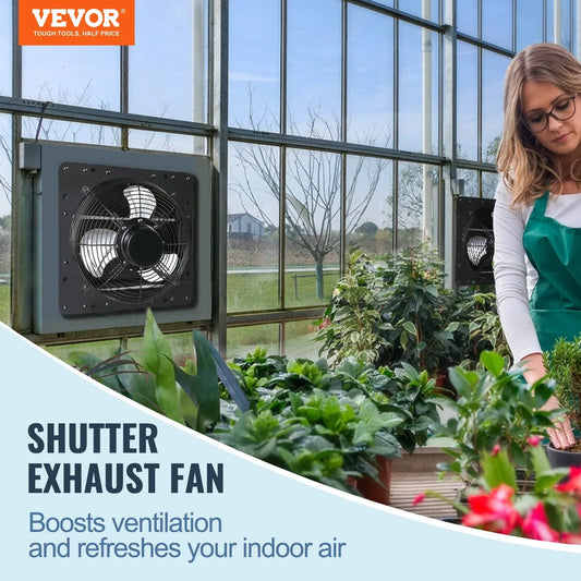 VEVOR Shutter Exhaust Fan, 254mm / 10inch with Temperature Humidity Controller, EC-motor, 843 CFM, Variable Speed Adjustable Wall Mount Attic Fan, Ventilation and Cooling for Greenhouses, Garages, Sheds - Mekamart Australia