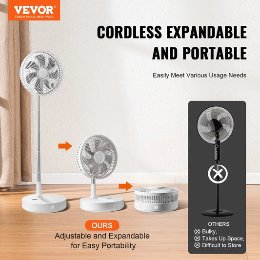 VEVOR 12 Inch Foldable Oscillating Standing Fan with Remote Control, 4 Speed Adjustable Portable Desk Quiet Fan, 7200mah Rechargeable USB Small Fan, Folded Rotating Floor Fan for Bedroom Office Travel - Mekamart Australia