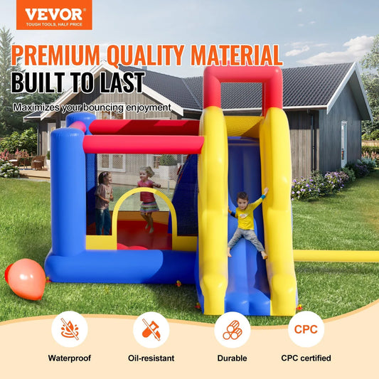 VEVOR Inflatable Bounce House, Outdoor High Quality Playhouse Trampoline, Jumping Bouncer with Blower, Slide, and Storage Bag, Family Backyard Bouncy Castle, for Kid Ages 3_8 Years, 3.4x2.6x2.3m - Mekamart Australia