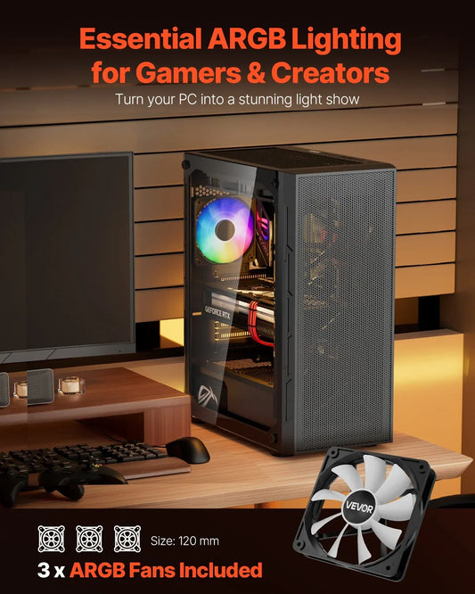 VEVOR Mid-Tower ATX PC Gaming Case Computer Case Box with 3 x 120 mm ARGB Fans - Mekamart Australia