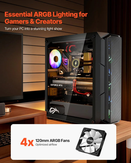 VEVOR Mid-Tower ATX PC Gaming Case Computer Case Box with 4 x 120 mm ARGB Fans - Mekamart Australia