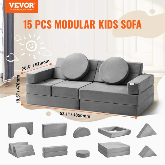 VEVOR Play Couch, 15pcs Modular Kids Nugget Couch, Toddler Foam Sofa Couch with High-density 25D Sponge for Playing, Creativing, Sleeping, Imaginative Kids Furniture for Bedroom and Playroom - Mekamart Australia