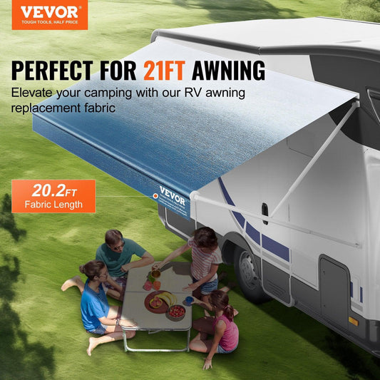 VEVOR RV Awning Fabric Replacement, 6.15m Fabric Length for 6.4m Awning, Heavy Duty 3-Ply 16oz PVC Camper Awning Fabric, Waterproof & UV Protection Outdoor Canopy for RV, Trailer, Motorhome, Blue Fade - Mekamart Australia